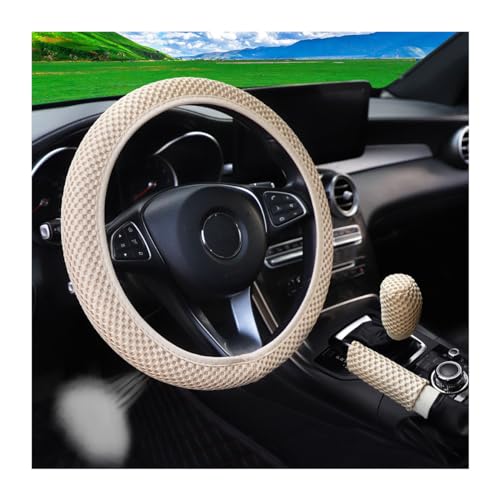 Bittwee 3PCS 15Inch Car Steering Wheel Cover Armrest Cover Gear Shift Cover Set, Microfiber Breathable Anti-Slip Automotive Steering Wheel Protector, Vehicle Interior Decor, Universal Fit（Beige） - color: Beige