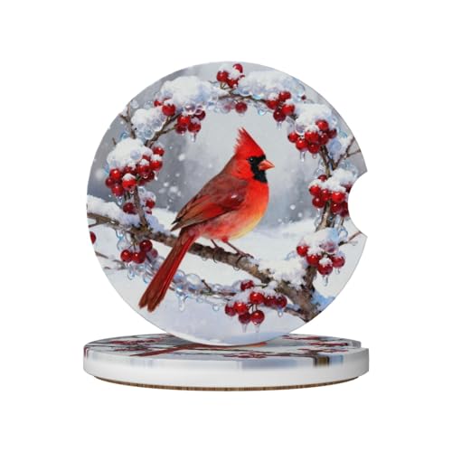 Cardinals Branches Berries 2 Pack Car Cup Holder Coasters Absorbent Ceramic Drink Coasters 2.56" Anti Slip Cup Mat with Cork Base and Finger Notch Auto Accessories Interior for Women Men - color: Yellow