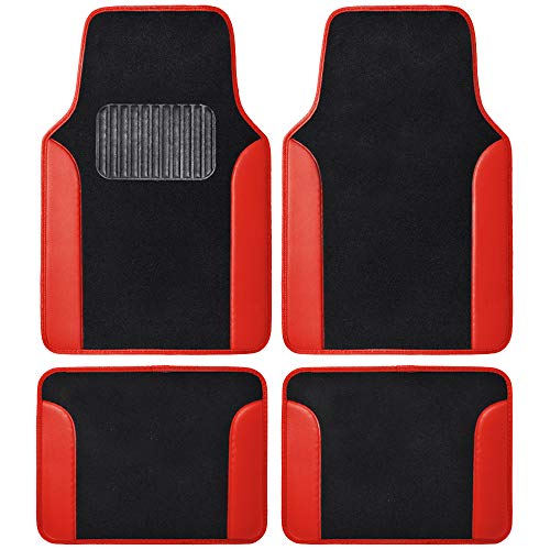 BDK Red Faux Leather Car Seat Covers Full Set with Matching Carpet Car Floor Mats - Universal Front & Back Bench Car Seat Protector & Car Mats Full Set for SUV & Truck Automotive Interior Liner - color: Red