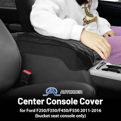 Autorder Center Console Cover for 2011-2016 Ford F250/F350/F450/F550 Accessories Armrest Cushion Cover Leather Middle Console Covers Anti-Scratch Armrest Pad for Pet (Bucket Seat Only) - size: 2011-2016 Ford F250