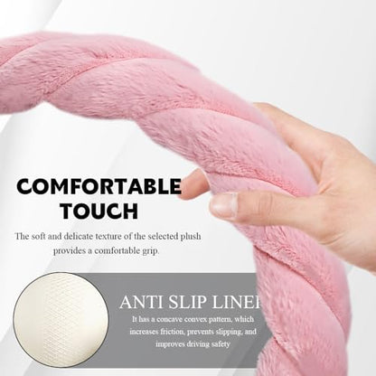 Luxury Fluffy Winter Car Steering Wheel Cover for Women, Steering Wheel Protector, 15" Fluffy Soft Breathable Warm Non-Slip Decoration, Twisted Fur Car Cover for Vehicles (Pink, D-Shape)