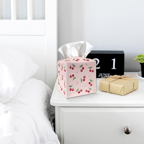 Tissue Box Cover Holder - Pink Polka Dot PU Leather Tissue Box Cover with Bottom Belt, Cherries and Blossom Square Facial Paper Dispenser for Tabletop, Bathroom, Kitchen, Car & Office -037 - color: Pink Polka Dot