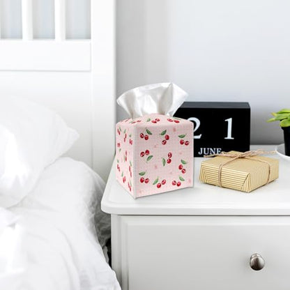 Tissue Box Cover Holder - Pink Polka Dot PU Leather Tissue Box Cover with Bottom Belt, Cherries and Blossom Square Facial Paper Dispenser for Tabletop, Bathroom, Kitchen, Car & Office -037 - color: Pink Polka Dot