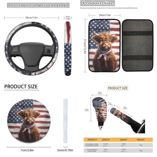 Highland Cattle Print Car Seat Cover Full Sets, Set of 16, American Flag Print Car Front Rear Seat Covers with Steering Wheel Cover Seatbelt Pads Armrest Pads Gear Shift and Handbrake Covers - color: Brown and White - Highland Cattle American Flag