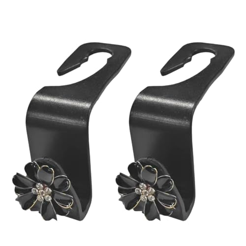 Craedli 2PCS Bling Car Seat Headrest Hook, Cute Rhinestone Flower Seat Back Storage Organizer Hanger Car Purse and Bag Hooks Holder, Universal Interior Accessories for Handbag Grocery Bag Coat (Black) - color: Black