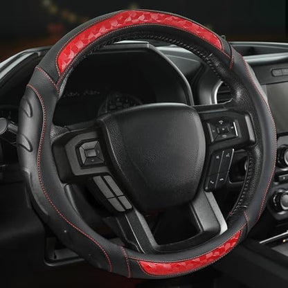 Black Seal Custom-Fit Steering Wheel Cover for Ford F-150, F-250, F-350, Expedition, 15.5–16", Anti-Slip PU Leather (Black+Red) - color: Black+Red
