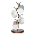 Mug Tree Holder, Bronze Metal Leaf Branch & Solid Wood Base Mug Holders, Countertop Coffee Mug Trees Organizer for Kitchen, 4 Hooks, Sleek Modern Decor for Coffee Station
