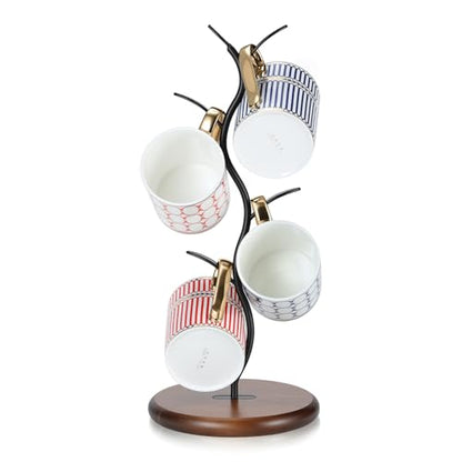 Mug Tree Holder, Bronze Metal Leaf Branch & Solid Wood Base Mug Holders, Countertop Coffee Mug Trees Organizer for Kitchen, 4 Hooks, Sleek Modern Decor for Coffee Station