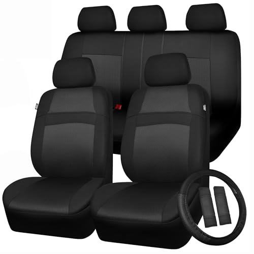 CAR PASS Universal 13PCS 3D Air Mesh Car Seat Covers -100% Breathable Seat Covers Full Sets Steering Wheel and Belt Cover Airbag and Rear Split Bench Compatible for Automotive SUV Truck (Pure Black) - color: Black, size: Full set
