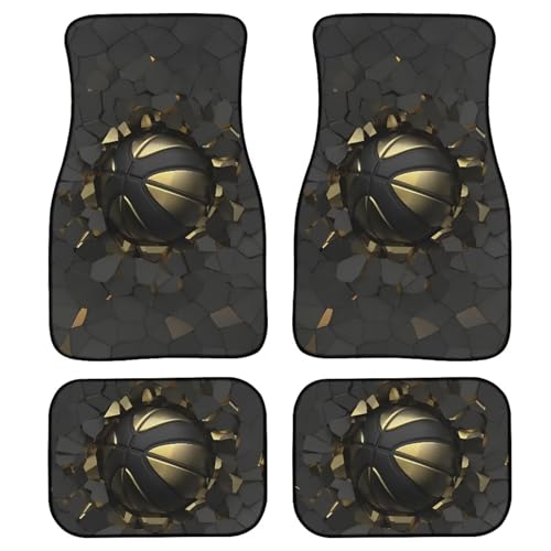 Black Gold Basketball Print Car Floor Mats Set of 4 3D Sport Ball Universal Vehicle Floor Carpet Decorative Auto Front Rear Foot Rugs for Trucks SUV Sedan - color: Black Gold