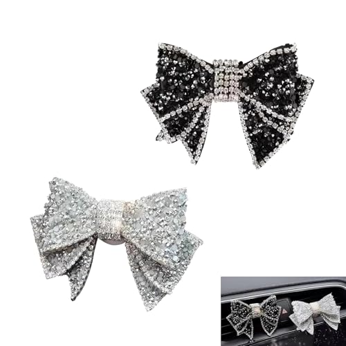 2 PCS Bling Bow Car Vent Clips, Crystal Rhinestone Air Conditioning Outlet Clip, Cute Car Interior Decorative Accessories, Universal Decor Charm Clips for Women Girls (Black & Silver)