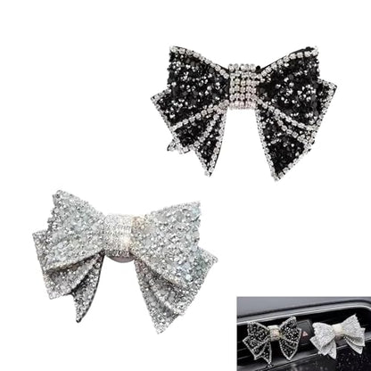 2 PCS Bling Bow Car Vent Clips, Crystal Rhinestone Air Conditioning Outlet Clip, Cute Car Interior Decorative Accessories, Universal Decor Charm Clips for Women Girls (Black & Silver)