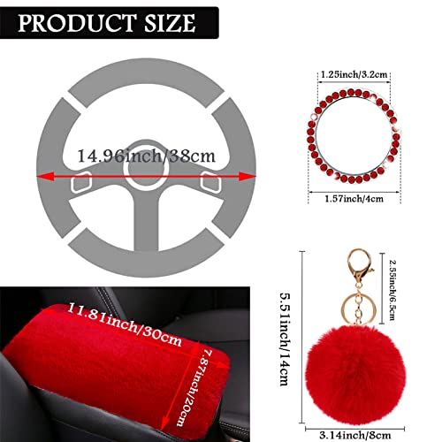 ZYNQACC 1 Set 8 Pieces Fluffy Steering Wheel Cover Set,Warm Soft Fuzzy Steering Wheel Covers for Women/Girls,Universal 15 Inches Girls Car Accessories (Red) - color: Red