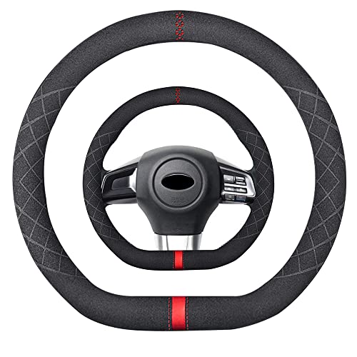Suede D Shape Steering Wheel Cover,Compatible with Subaru WRX Suede Leather Sport Non-Slip Wheel Cover Car Interior Accessories 15 inch for Man and Women - color: Fit Subaru D Shape Suede Red Mark in Black, size: 15 inch