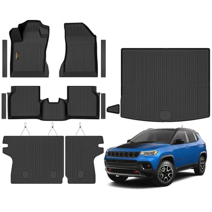 Floor Mats Custom Fit for Jeep Compass 2017-2025 2026 Trunk Mat with Backrest Mat All Weather TPE Rubber Cargo Liner Anti-Slip Full Set for Compass Accessories (Trunk Mat+Backrest Mats+Floor Mats) - size: For Jeep Compass 2017-2026