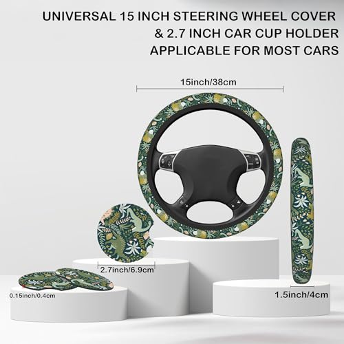 Dinosaurs and Tropical Leaves Steering Wheel Cover with 2 Pcs Car Coasters Neoprene Steering Wheel Cover for Women Men Anti-Slip Breathable Car Accessories Universal 15 Inch Fit Auto Cars Trucks - color: Dinosaurs and Tropical Leaves