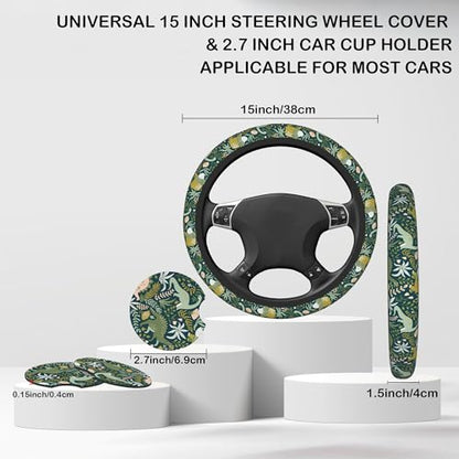 Dinosaurs and Tropical Leaves Steering Wheel Cover with 2 Pcs Car Coasters Neoprene Steering Wheel Cover for Women Men Anti-Slip Breathable Car Accessories Universal 15 Inch Fit Auto Cars Trucks - color: Dinosaurs and Tropical Leaves
