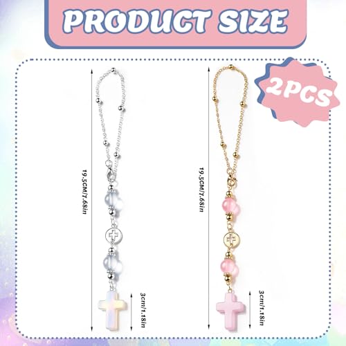 2 Pcs Cross Car Hanging Charms Cute Healing Stone Rear View Mirror Accessories Boho Handmade Sun Catcher Ornament Decor Crystal Protection Gift for Women