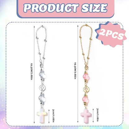 2 Pcs Cross Car Hanging Charms Cute Healing Stone Rear View Mirror Accessories Boho Handmade Sun Catcher Ornament Decor Crystal Protection Gift for Women