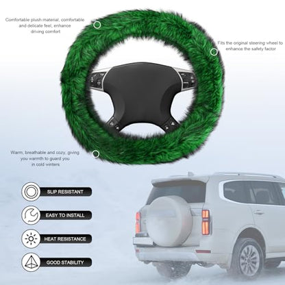 Fluffy Steering Wheel Cover, 15 Inch Anti-Slip Microfiber Plush Fuzzy Steering Wheel Cover, Winter Warm Elastic Fuzzy Steering Wheel Covers for Women and Men, Car Accessories (Green) - color: Green