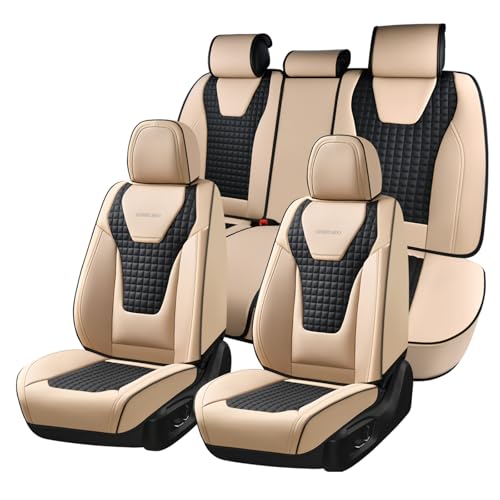 Coverado Car Seat Covers Full Set, Nappa Leather Seat Covers Waterproof Car Seat Protectors Universal Fit for Most Cars SUV Trucks，Black&Beige - color: Beige Pro, size: Fullset