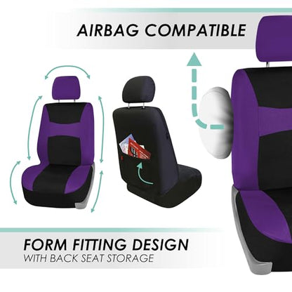 FH Group Light & Breezy Cloth Full Set Car Seat Covers (Purple/Black) Combo Set: Steering Wheel Cover, Seat Belt Pads and Black Vinyl Floor Mats – Universal Fit for Cars Trucks & SUVs