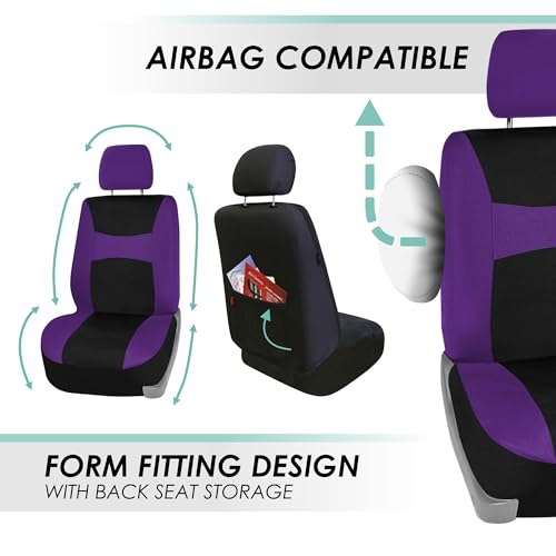 FH Group Flat Cloth Seat Covers Front Seat and Solid Rear Bench Full Set with Gift - Universal Fit for Cars, Trucks & SUVs (Purple) - color: Purple