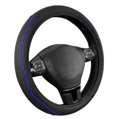Road Comforts Leather Steering Wheel Cover with Decorative Trim and Piping, Anti-Slip Breathable Design, Fits 14.5–15 Inch Round Steering Wheels, Snug Fit, Stylish Interior Upgrade - Blue - color: Blue