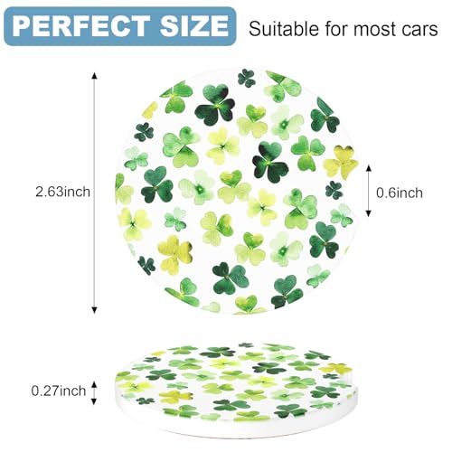 2 Pack Car Cup Holder Coaster, 2.63 inch Anti Slip Insert Absorbent Ceramic Car Coaster with Cork Base and Finger Notch, Cute Car Accessories Interior for Women, Cute Car Coasters., Clover