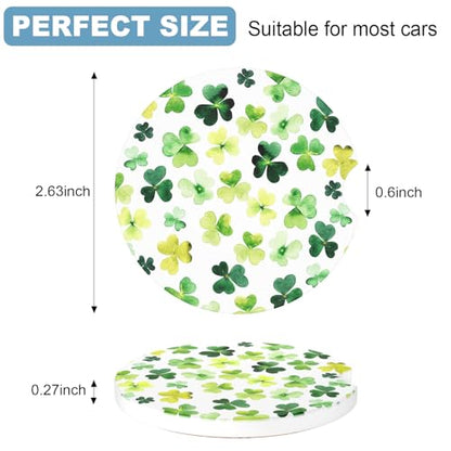 2 Pack Car Cup Holder Coaster, 2.63 inch Anti Slip Insert Absorbent Ceramic Car Coaster with Cork Base and Finger Notch, Cute Car Accessories Interior for Women, Cute Car Coasters., Clover