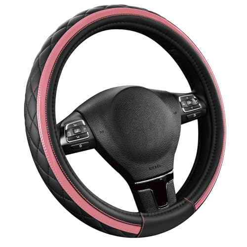 Road Comforts Leather Steering Wheel Cover – Black & Pink, Universal Fit 14.5-15 Inch, Microfiber Leather, Anti-Slip & Breathable Design for Men and Women - color: Light Pink