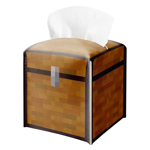 Tissue Box Cover Holder, Treasure Chest Pixel Leather Tissue Box Cover Square, Paper Napkins Everyday Dispenser for Bathroom Night Stands Kitchen Office Home Pixel Theme Decor - color: Brown02