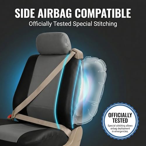 FH Group PU309102 All-Purpose Built-in Seat Belt PU Leather Seat Covers (Gray) Front Set – Universal Fit for Cars Trucks & SUVs - color: Gray/Black - Low Back (Faux Leather), size: Front Set