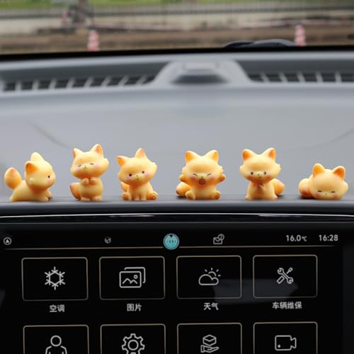 Mini Fox Figurine Cute Car Accessories Interior, 6 Pcs Foxs Statue for Dashboard Decorations, Rearview Mirror Ornaments Funny Gifts for Women