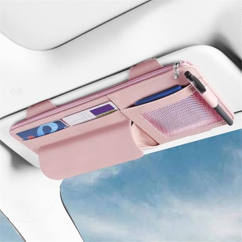 Car Visor Organizer, Multi-Pocket Sunvisor Storage with Sunglass Holder, Document Holder and Visor Card Clip, Fit for AUTO SUV & Truck, Leather Car Accessories Interior (Pink) - color: Pink