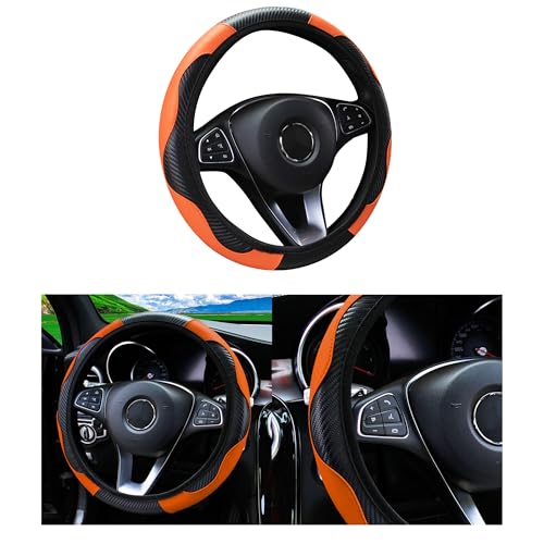 Car Steering Wheel Cover, 15 inch Carbon Fiber Microfiber PU Leather Elastic Steering Wheel Protector for Men Women, Anti-Slip Breathable Car Interior Accessories for Most Cars (Orange) - color: Orange