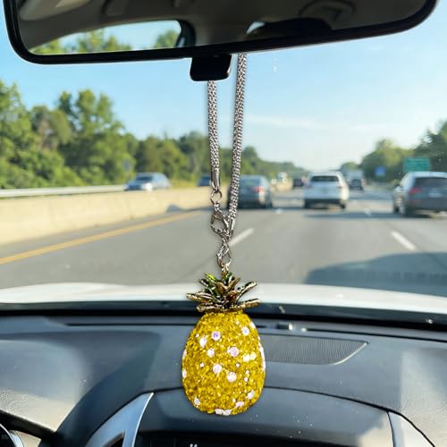 Craedli Bling Pineapple Car Hanging Ornament, Sparkly Rhinestone Automotive Rear View Mirror Charm, Cute Car Mirror Pendant, Universal Vehicle Interior Decorative Accessories for Women (Yellow) - color: Yellow
