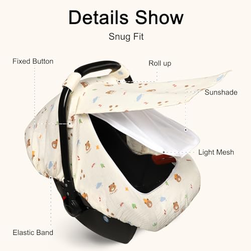 Muslin Car Seat Cover Baby - Breathable and Privacy Car Seat Canopy with 3 Modes - Easy Install & Gift Box Packaging, Universal Fit for Infant Car Seats, Bear