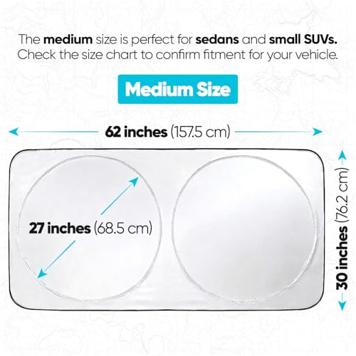 FORTEM Car Sun Shade for Windshield, Reflective Windshield Sunshade, 240T Polyester, Automotive Interior Sun Protection, Ultimate Heat and UV Shield, Foldable, Storage Bag - size: Medium (62" x 30")