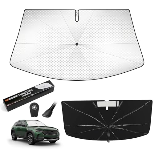 Windshield Sun Shade Umbrella for Mazda CX-50 2023-2026, Upgraded 360° Bendable Handle to Protect Dashboard Screen, Custom Fit Window Sunshade with Rearview Mirror Cutout, UV Ray Reflector - size: For Mazda CX-50 2023+