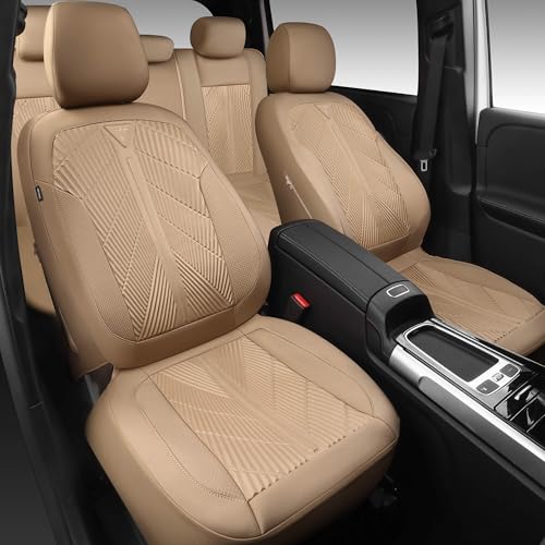 CAR PASS Waterproof Car seat Covers Full Sets Neoprene Wetsuit, All-Weather Non-Slip Durable, Universal Fit for SUV Sedans Trucks Vans Automotive, Armrest Airbag Compatible, 3D Emboss All Beige - color: ALL Beige, size: Full Set