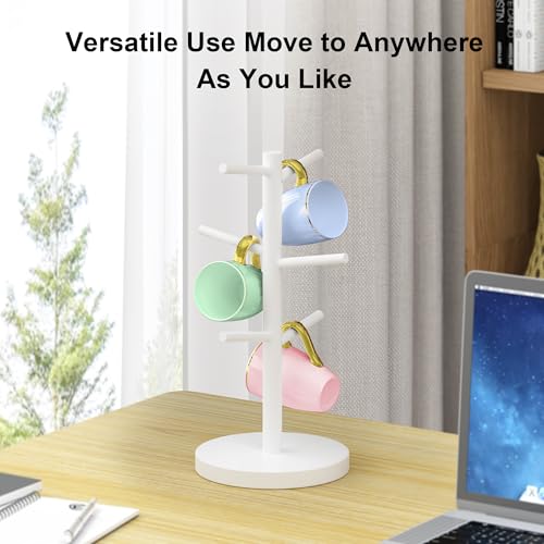 Wisuce Bamboo Coffee Mug Holder Tree, Thicker Base Coffee Cup Holder Stand for Countertop, Tabletop Mug Rack Organizer with 6 Hooks (White) - color: White
