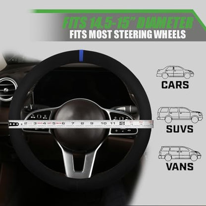Suede Steering Wheel Cover with Upgraded Silicone Inner Ring, Breathable, Anti-Slip, Leather Universal 14.5 to 15 Inch Steering Wheel Cover (Black with Blue Mark) - style: Black with Blue Mark