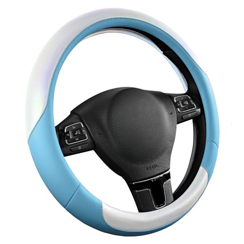 Road Comforts Steering Wheel Cover – Breathable Leather Steering Wheel Cover, Anti-Slip Grip, Universal Fit 14.5” to 15”, Heat & Cold Resistant for Cars, SUVs, and Trucks – Shining White & Blue - color: White&Blue
