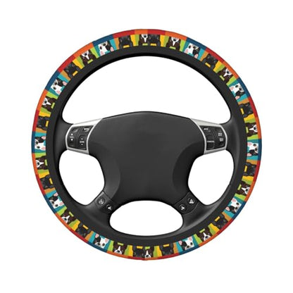 Cartoon Boston Terriers Bulldog Elastic Steering Wheel Cover Non-Slip Breathable Steering Wheel Protector Fit Auto, SUVs, Truck - color: Cartoon Boston Terriers Bulldog
