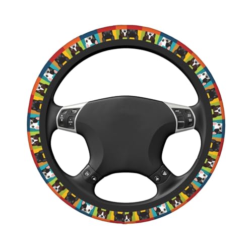 Cartoon Boston Terriers Bulldog Elastic Steering Wheel Cover Non-Slip Breathable Steering Wheel Protector Fit Auto, SUVs, Truck - color: Cartoon Boston Terriers Bulldog