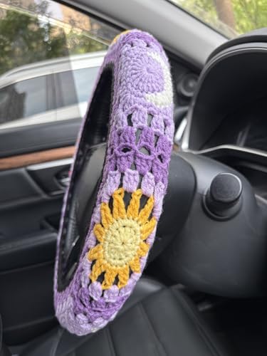 Handmade Crochet Sun Moon Car Steering Wheel Covers Universal 14-15 inch,Cute Steering Wheel Cover,Car Accessories (B:Wheel Cover+2 Belt Cover) - color: B:Wheel Cover+2 Belt Cover