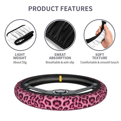 Leopard Print Pink Steering Wheel Cover Universal for 14-15 Inch Anti-Slip Breathable +2 Pieces Car Coasters, Cheetah Print hot Pink Car Wheel Cover for Women Men - color: Leopard pint