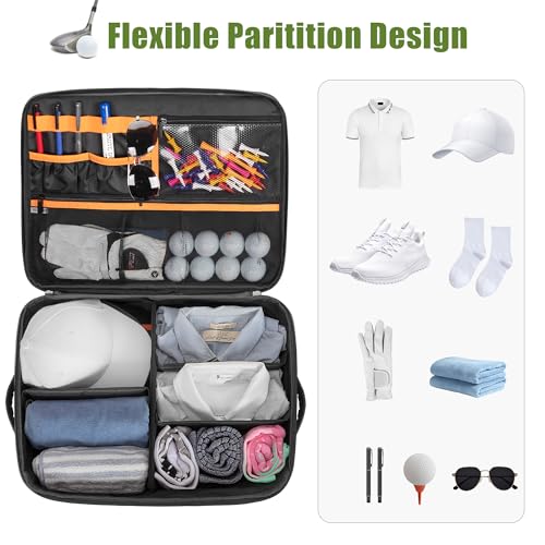 2 Layer Golf Trunk Organizer, Golf Car Storage Organizer with Individual Ventilated Compartment for 2 Pairs Shoes, Golf Car Locker for Balls, Clothes, Tees, Gloves, Accessories (Black)