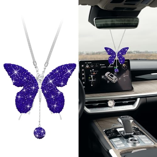 Bling Butterfly Diamond Car Accessories, Car Mirror Hanging Accessories, Crystal Rhinestone Vehicle Rear View Mirror Charms, Lucky Diamond Auto Hanging Ornament Pendant for All Cars (Dark blue) - color: Dark Blue